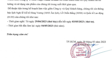 THÔNG BÁO LỊCH NGHỈ LỄ 30/4 - 1/5 - AROMA FOOD CO., LTD
